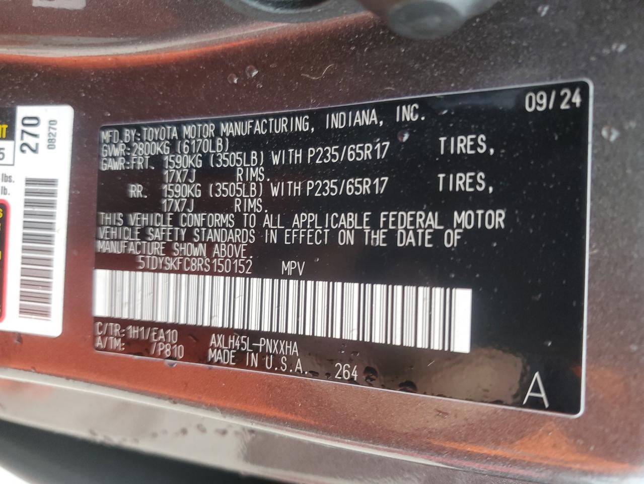 2024 TOYOTA SIENNA XLE VIN:5TDYSKFC8RS150152