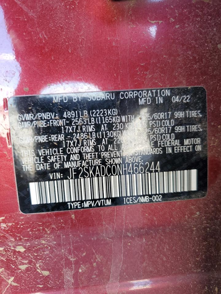 2022 SUBARU FORESTER PREMIUM VIN:JF2SKADC0NH466244