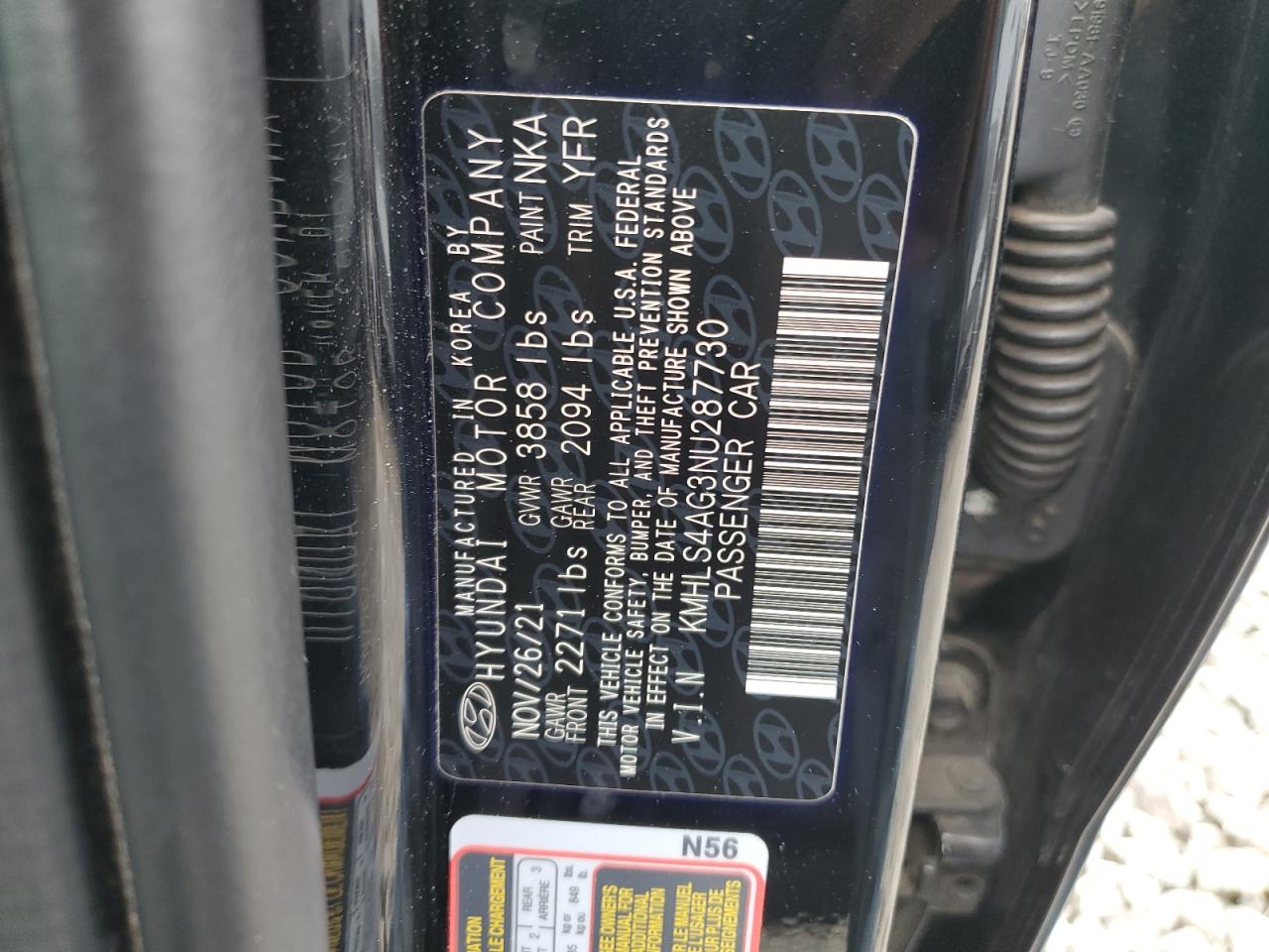 2022 HYUNDAI ELANTRA SEL VIN:KMHLS4AG3NU287730