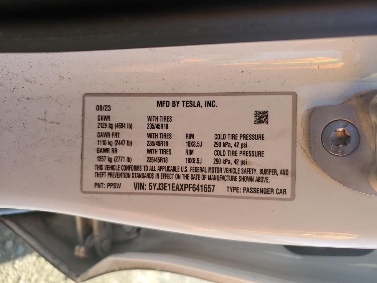 2023 TESLA MODEL 3 VIN:5YJ3E1EAXPF641657