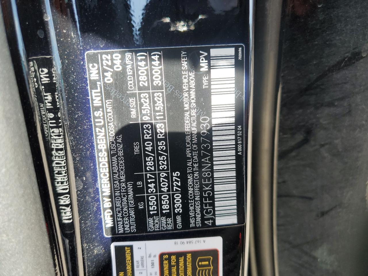 2022 MERCEDES-BENZ GLS 450 4MATIC VIN:4JGFF5KE8NA737930