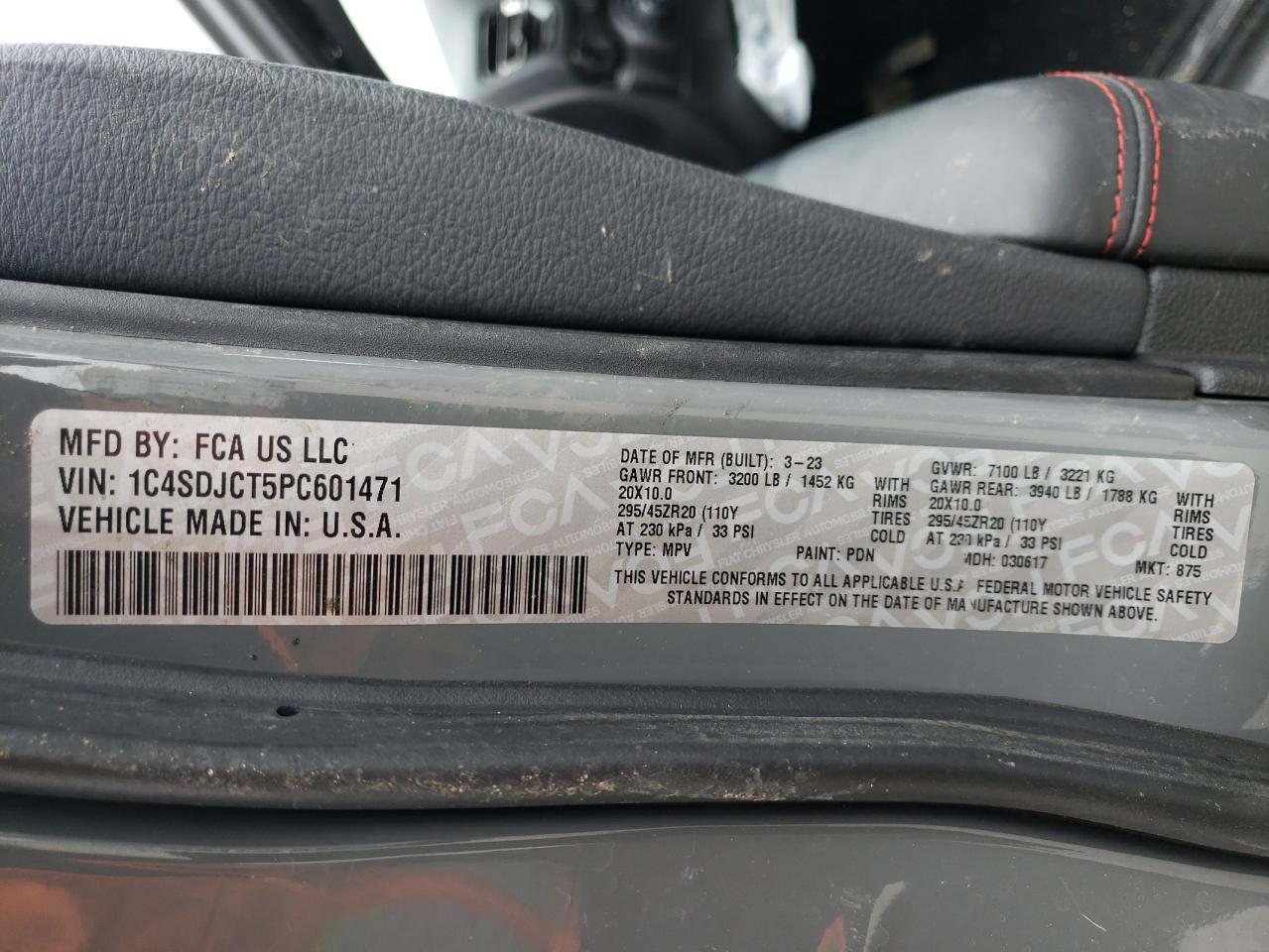 2023 DODGE DURANGO R/T VIN:1C4SDJCT5PC601471