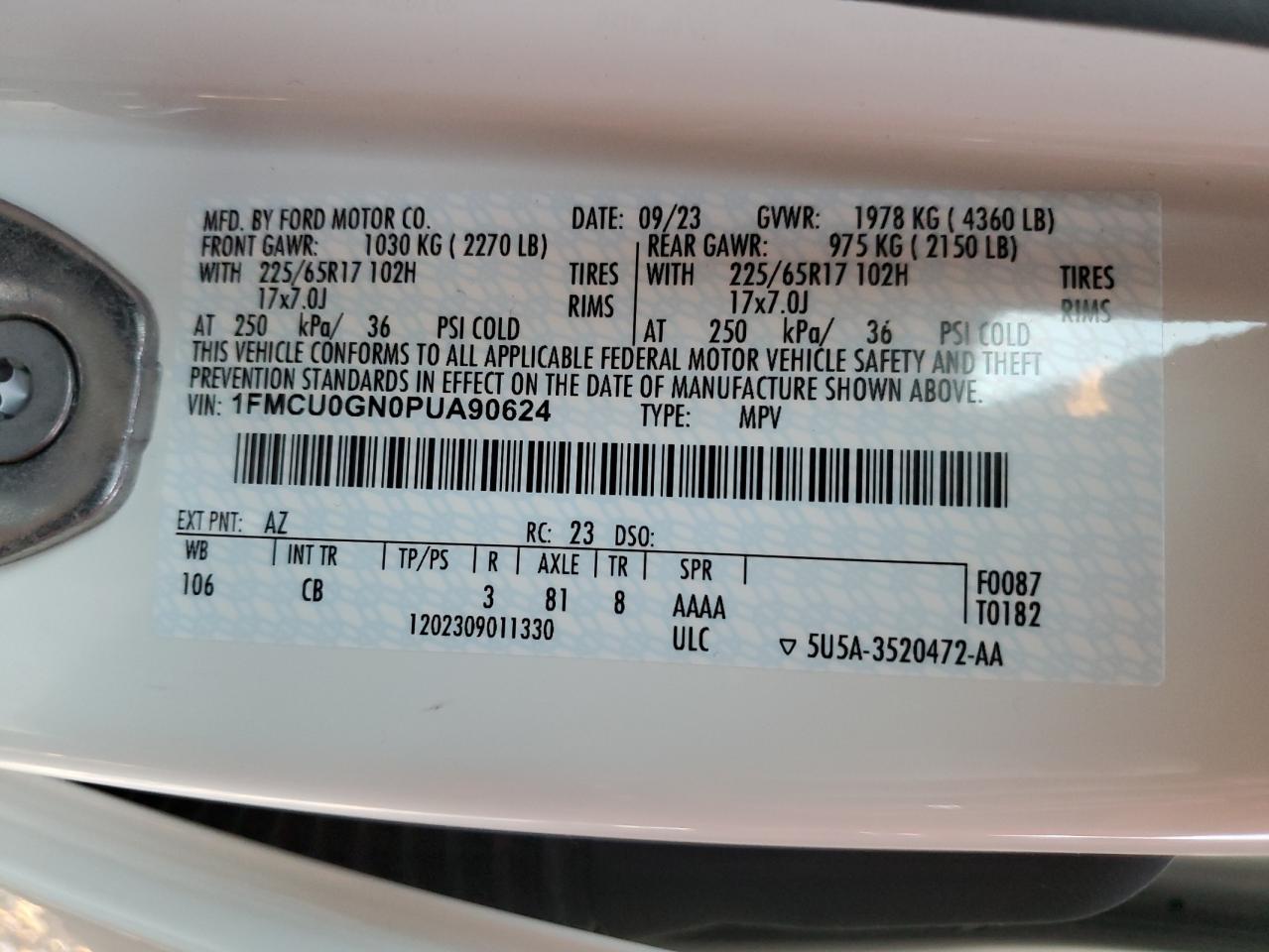 2023 FORD ESCAPE ACTIVE VIN:1FMCU0GN0PUA90624