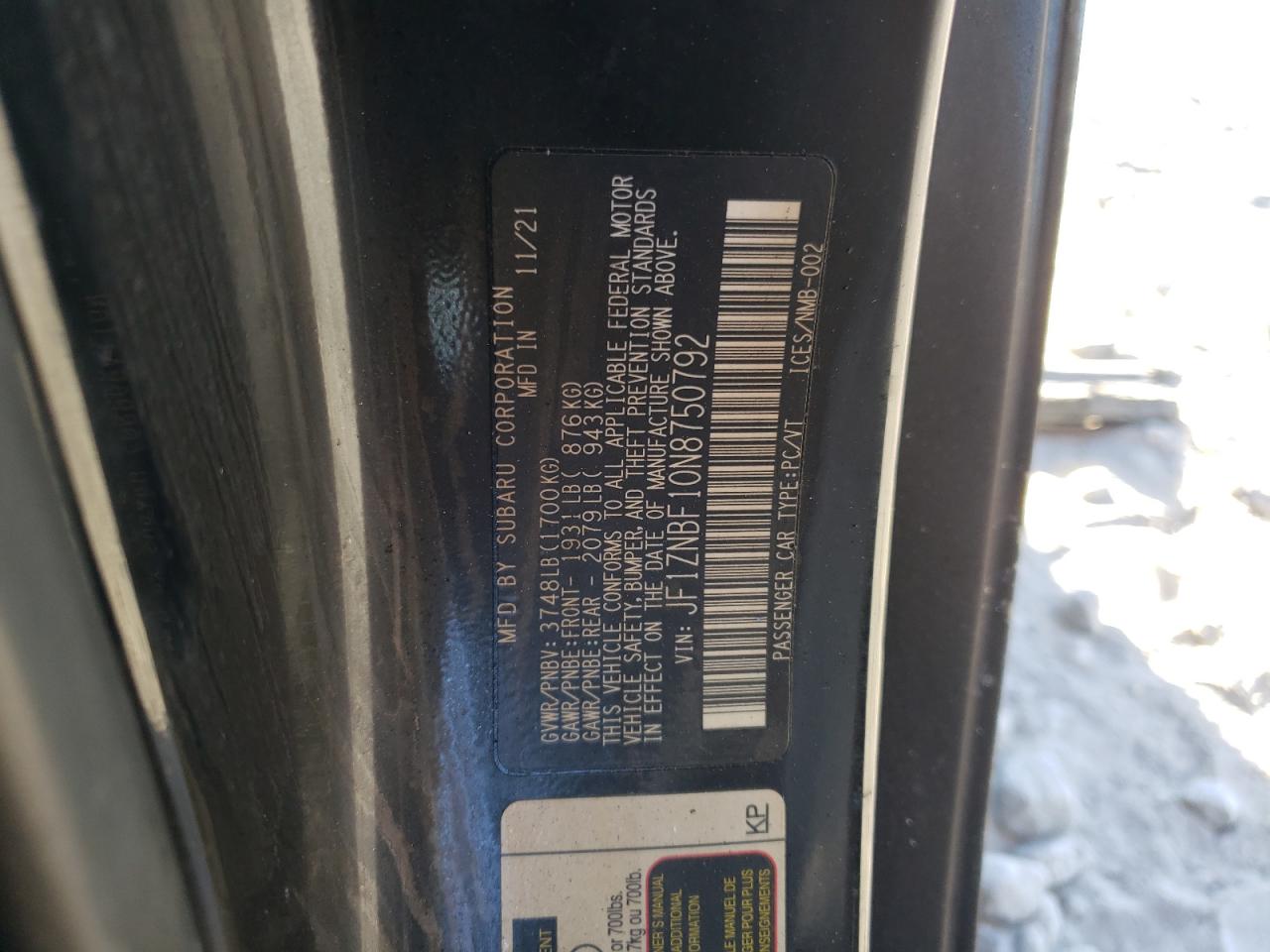 2022 TOYOTA GR 86 PREMIUM VIN:JF1ZNBF10N8750792