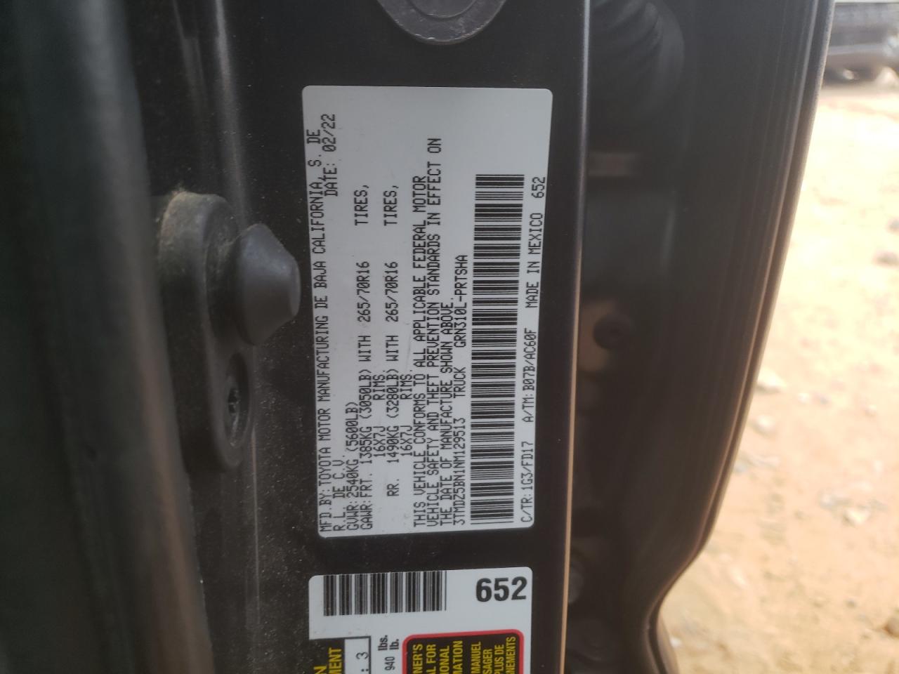 2022 TOYOTA TACOMA DOUBLE CAB VIN:3TMDZ5BN1NM129513