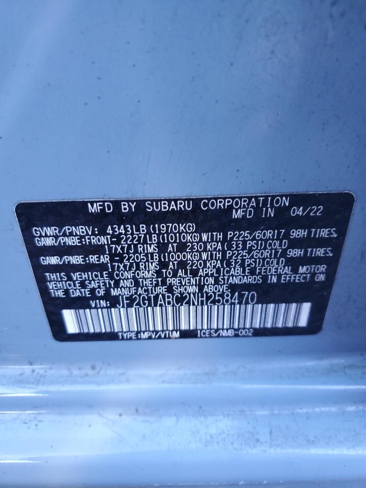 2022 SUBARU CROSSTREK VIN:W1K5J4GB3PN376731