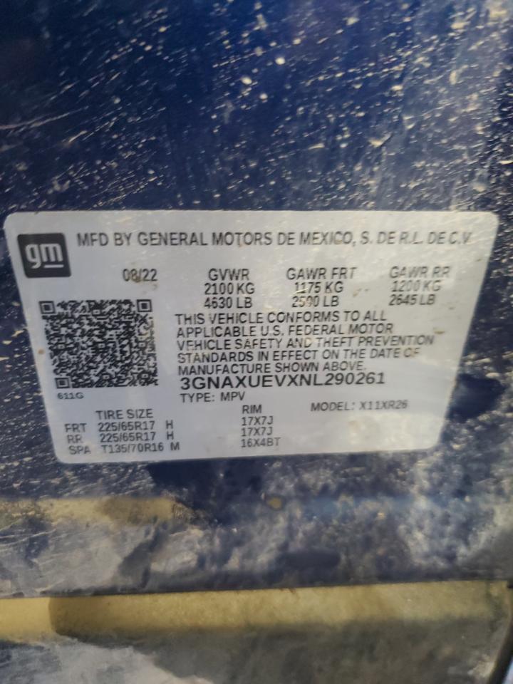 2022 CHEVROLET EQUINOX LT VIN:3GNAXUEVXNL290261