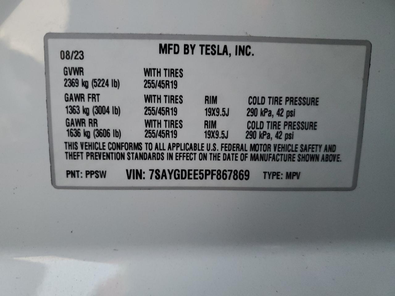2023 TESLA MODEL Y VIN:7SAYGDEE5PF867869