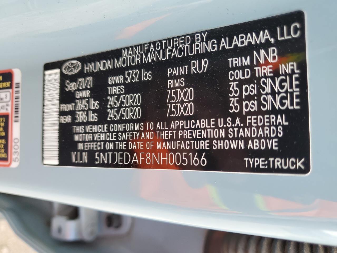 2022 HYUNDAI SANTA CRUZ LIMITED VIN:5NTJEDAF8NH005166