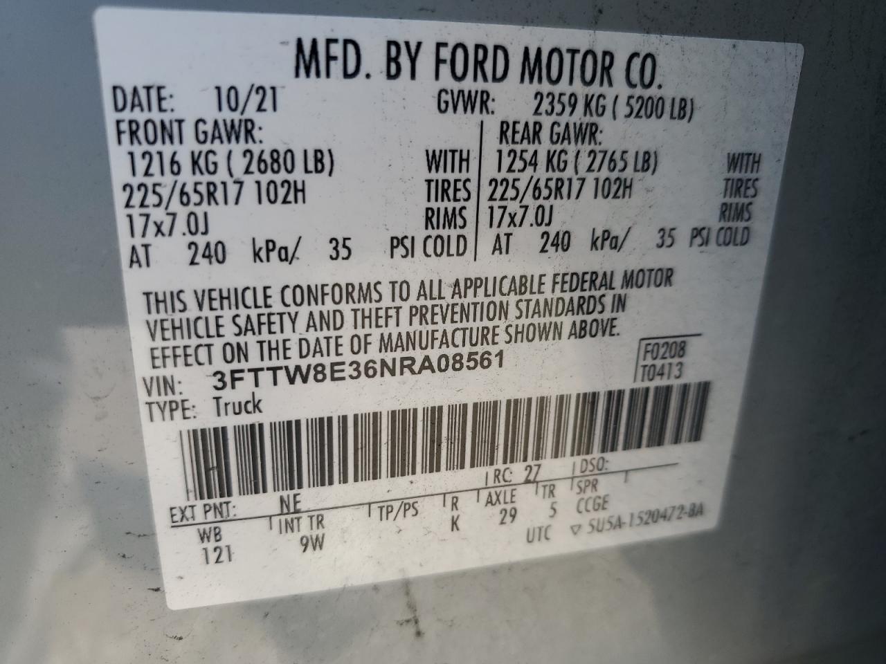2022 FORD MAVERICK XL VIN:3FTTW8E36NRA08561