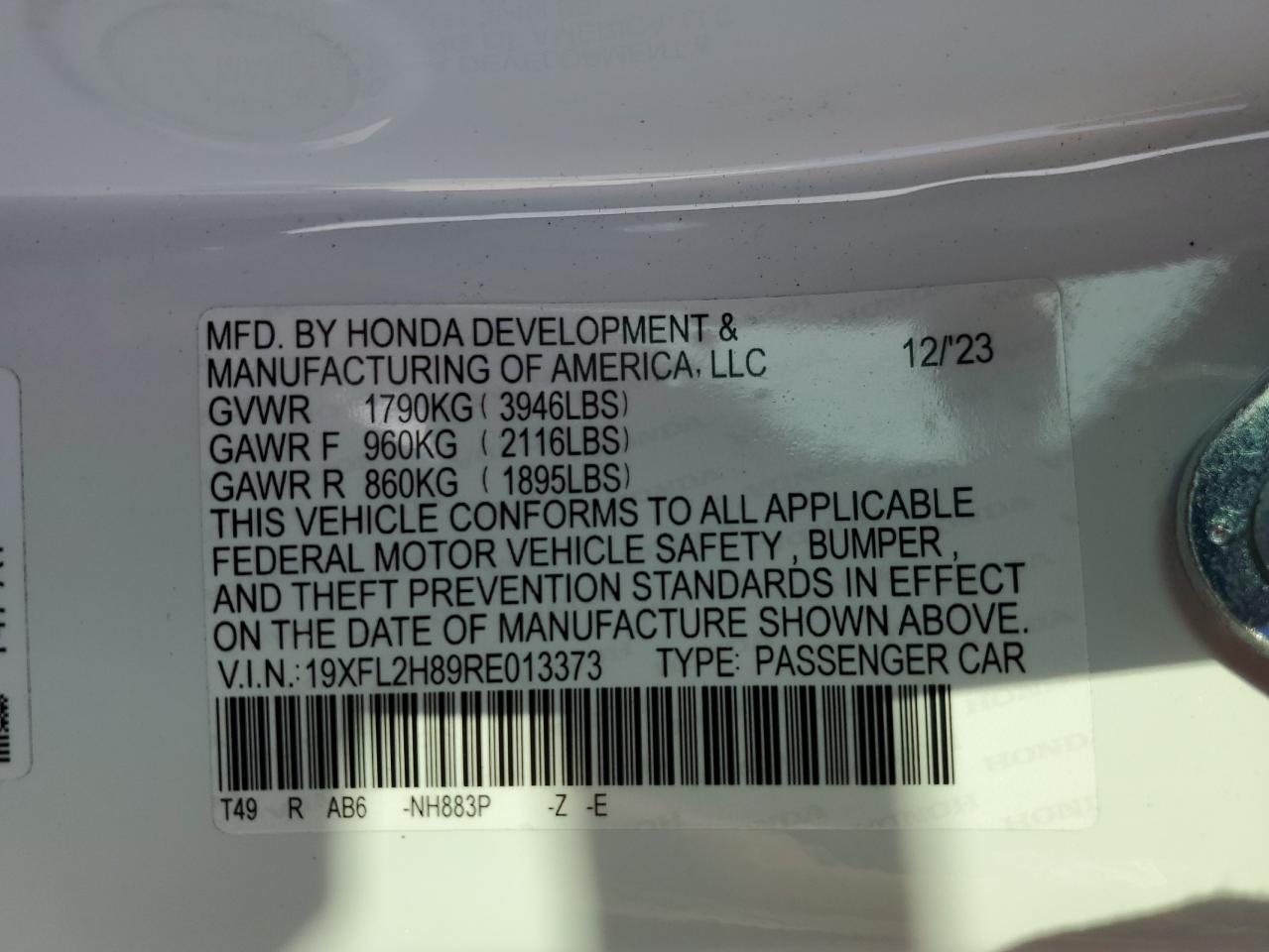 2024 HONDA CIVIC SPORT VIN:19XFL2H89RE013373