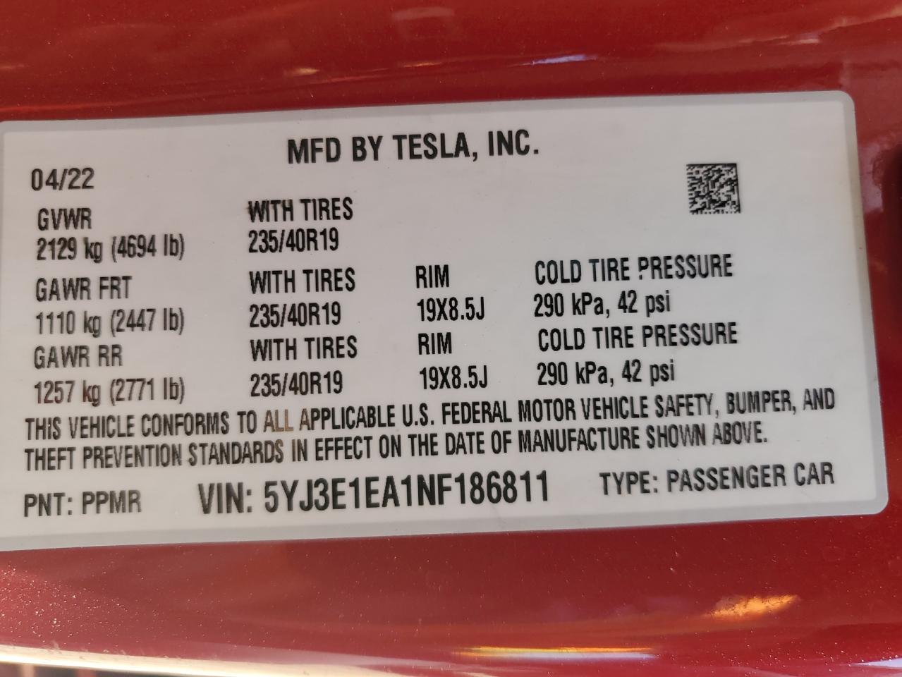 2022 TESLA MODEL 3 VIN:5YJ3E1EA1NF186811