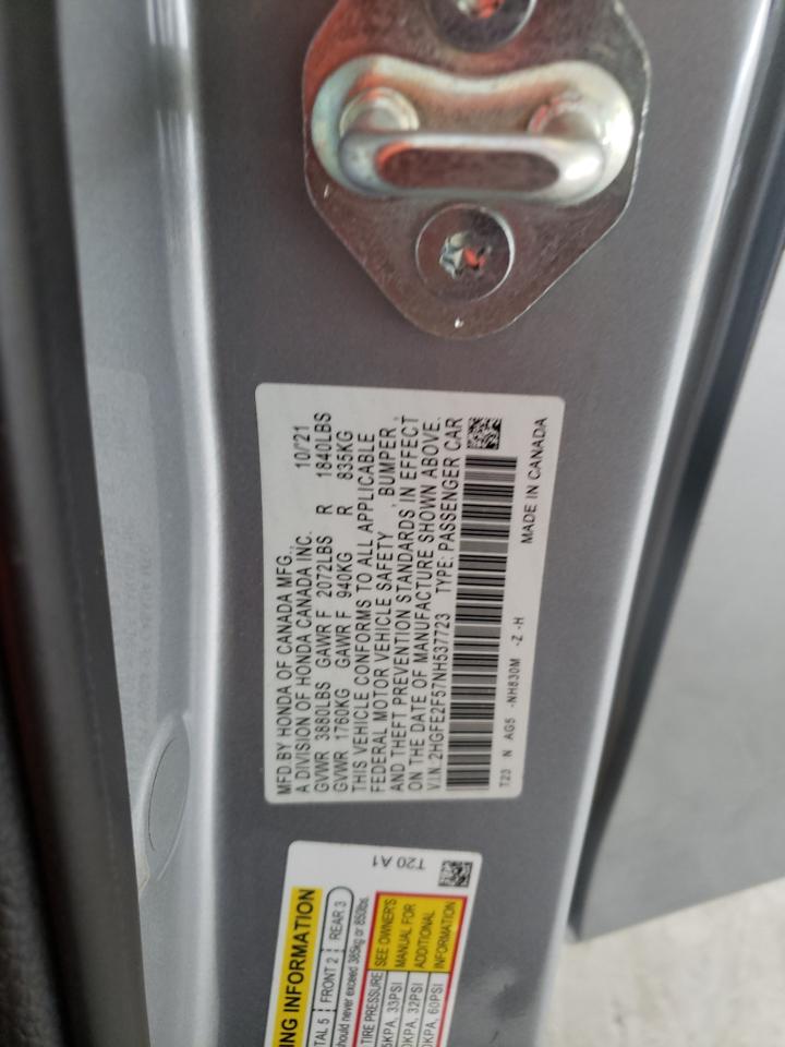 2022 HONDA CIVIC SPORT VIN:2HGFE2F57NH537723