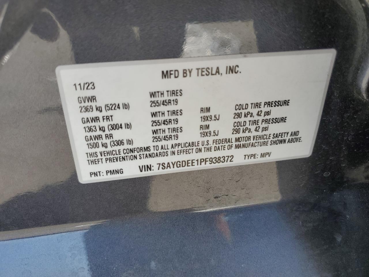 2023 TESLA MODEL Y VIN:7SAYGDEE1PF938372
