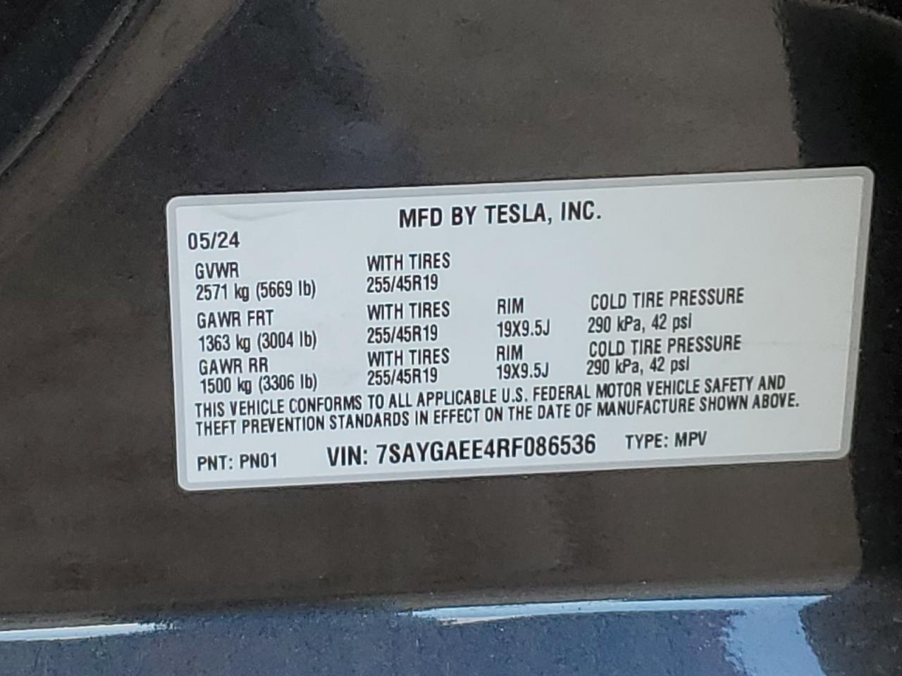 2024 TESLA MODEL Y VIN:7SAYGAEE4RF086536