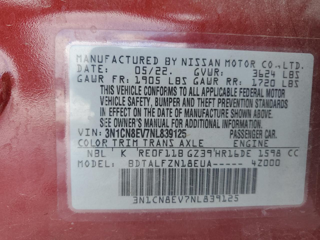 2022 NISSAN VERSA SV VIN:3N1CN8EV7NL839125