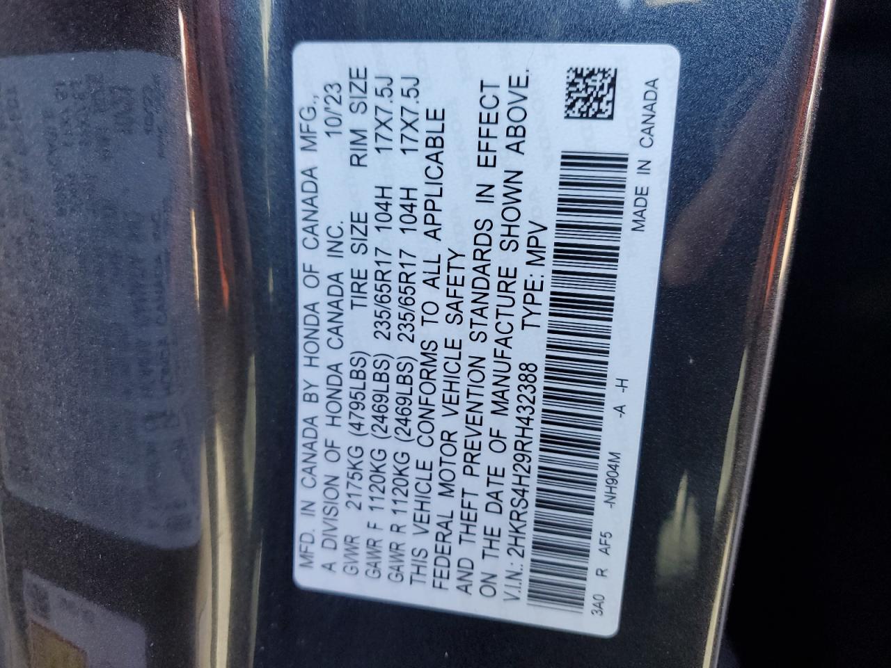 2024 HONDA CR-V LX VIN:2HKRS4H29RH432388