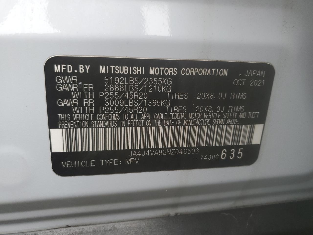 2022 MITSUBISHI OUTLANDER SEL VIN:JA4J4VA82NZ046503