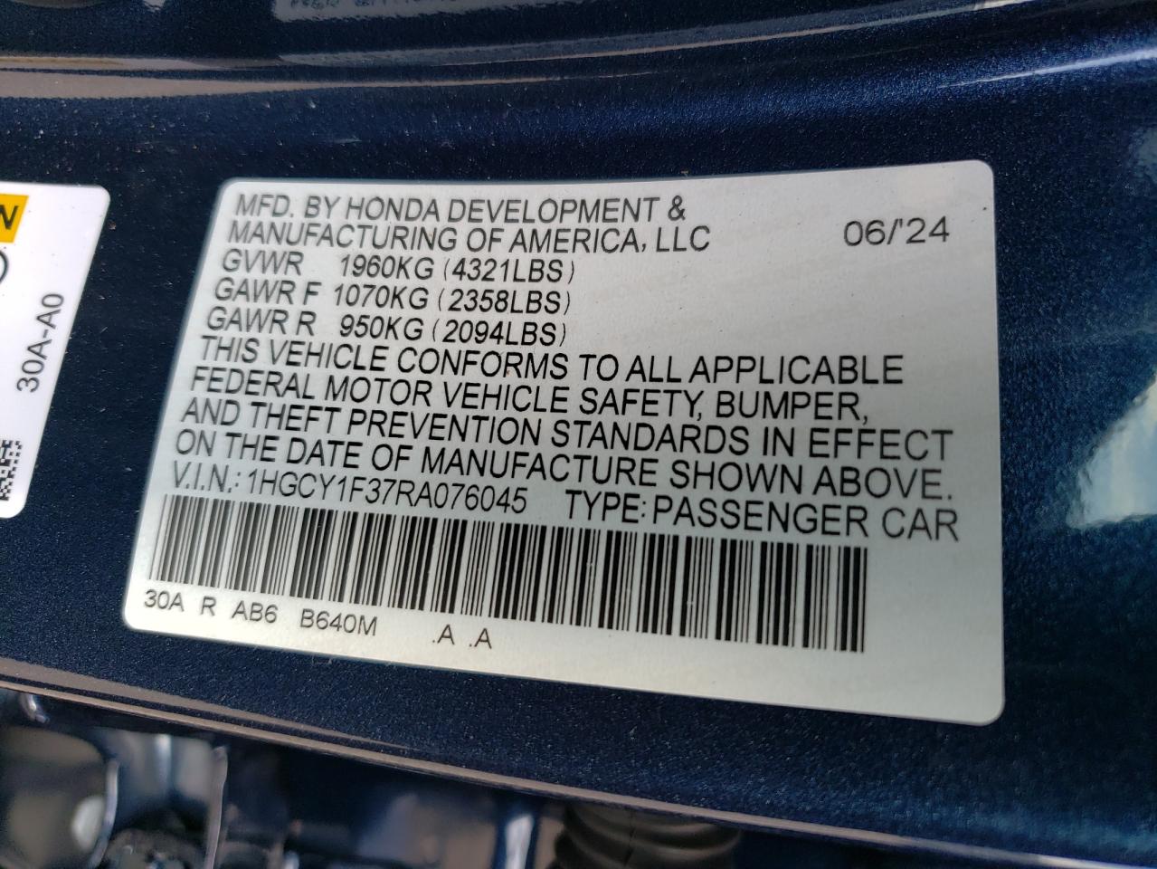 2024 HONDA ACCORD EX VIN:1HGCY1F37RA076045