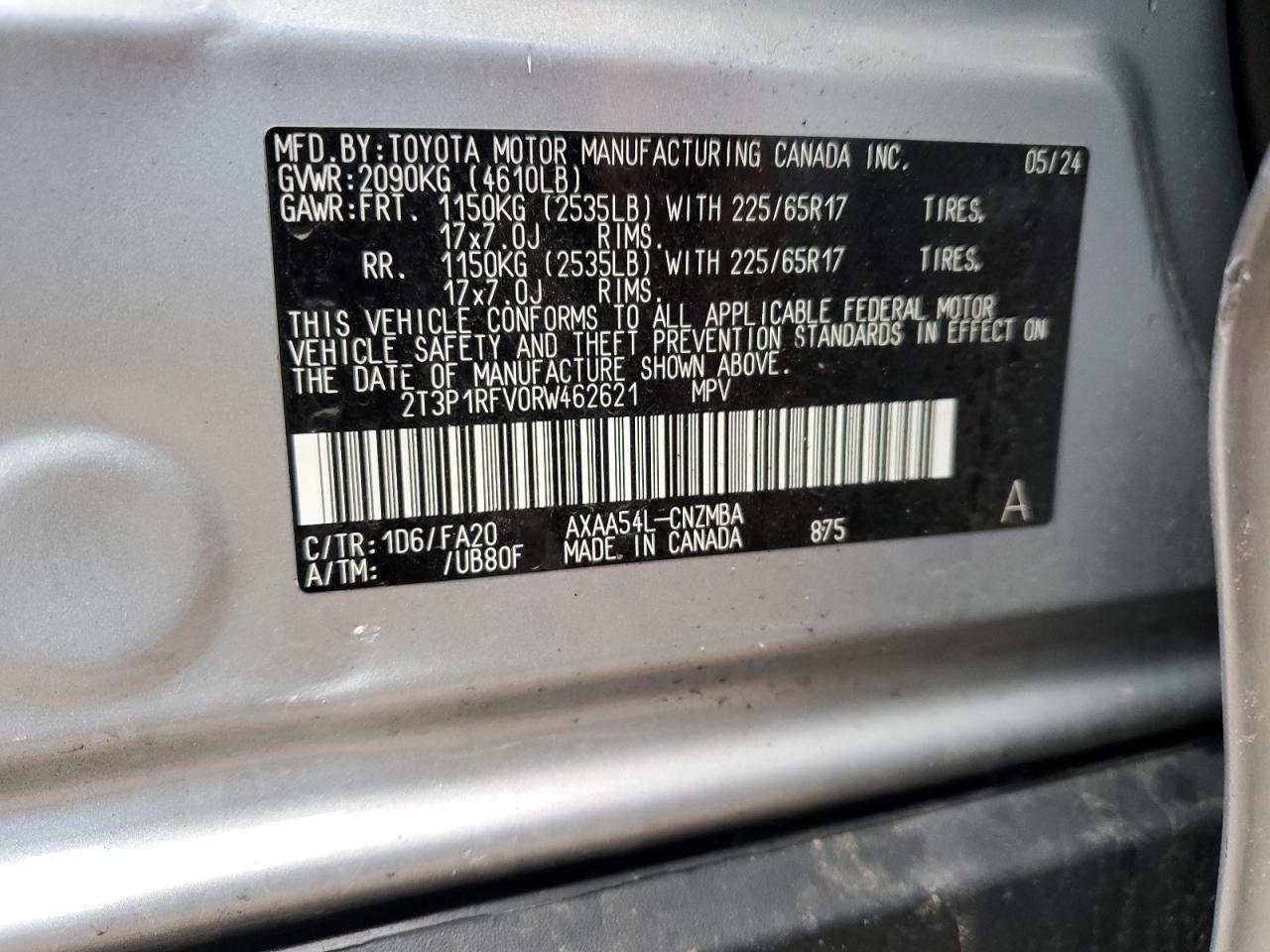 2024 TOYOTA RAV4 XLE VIN:2T3P1RFV0RW462621