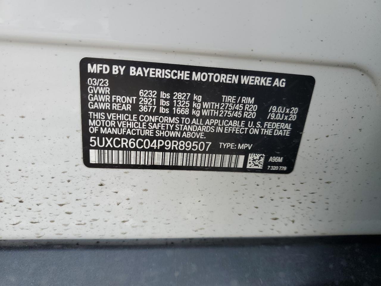 2023 BMW X5 XDRIVE40I VIN:5UXCR6C04P9R89507