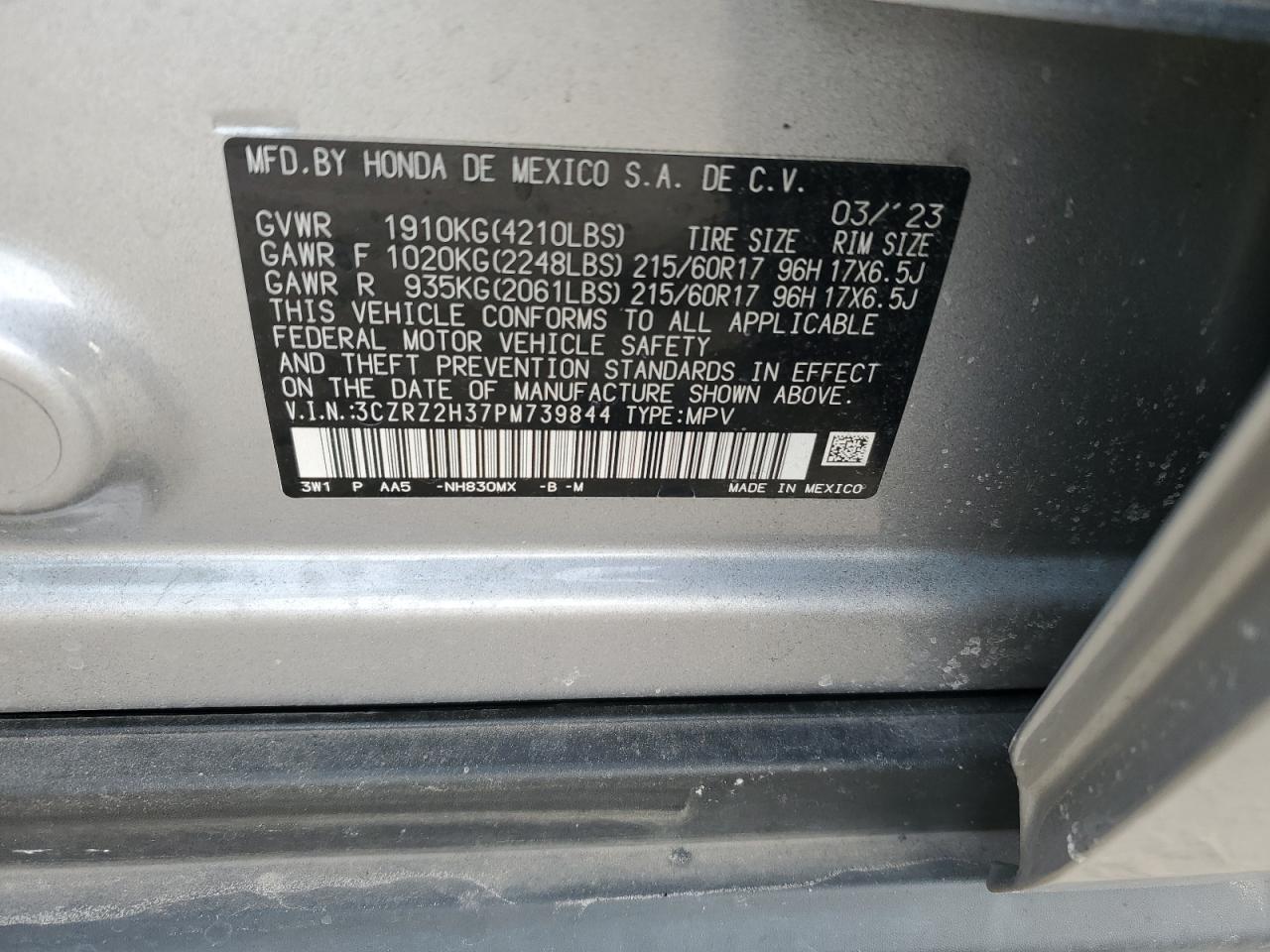 2023 HONDA HR-V LX VIN:3CZRZ2H37PM739844