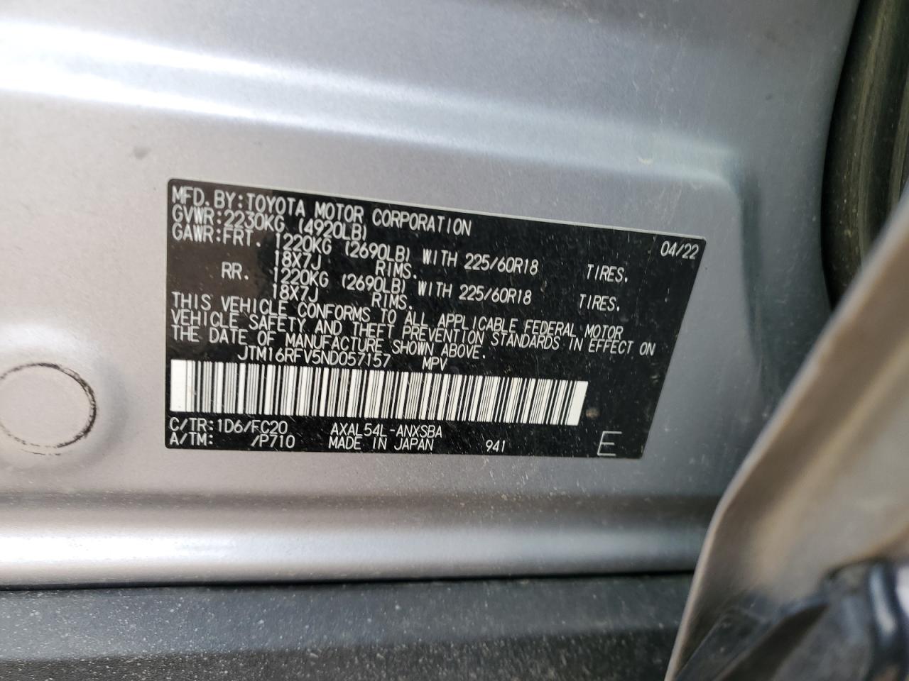 2022 TOYOTA RAV4 SE VIN:JTM16RFV5ND057157