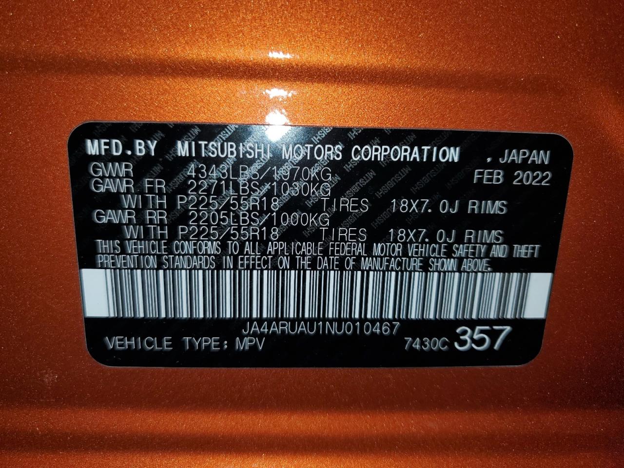 2022 MITSUBISHI OUTLANDER SPORT ES VIN:JA4ARUAU1NU010467