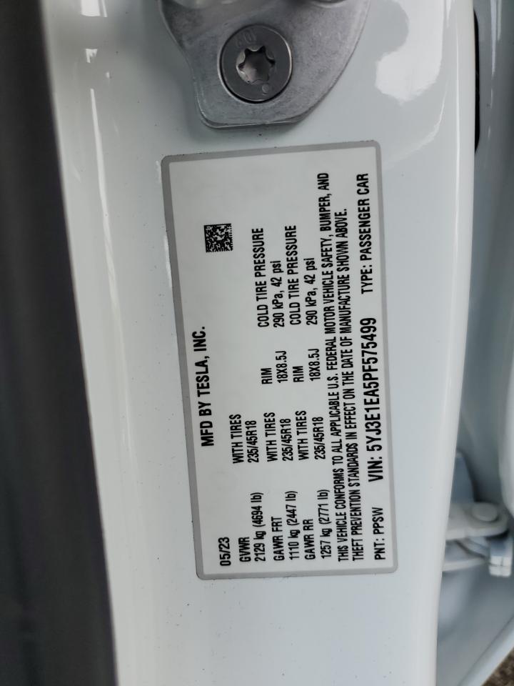2023 TESLA MODEL 3 VIN:5YJ3E1EA5PF575499
