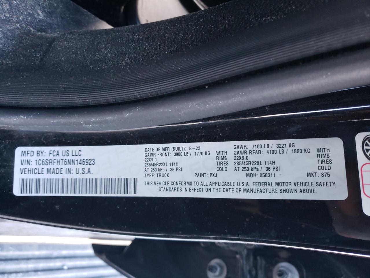 2022 RAM 1500 LIMITED VIN:1C6SRFHT6NN146923