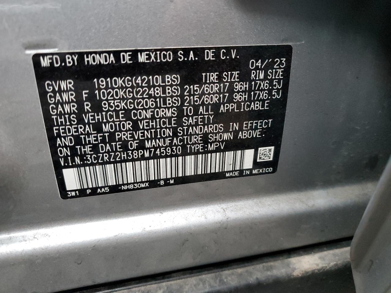 2023 HONDA HR-V LX VIN:3CZRZ2H38PM745930