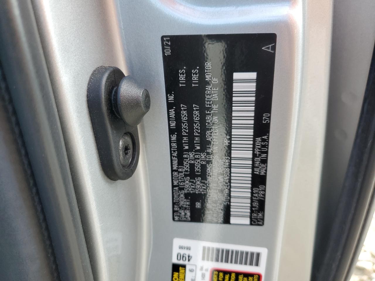 2022 TOYOTA SIENNA XLE VIN:5TDYRKEC4NS081483