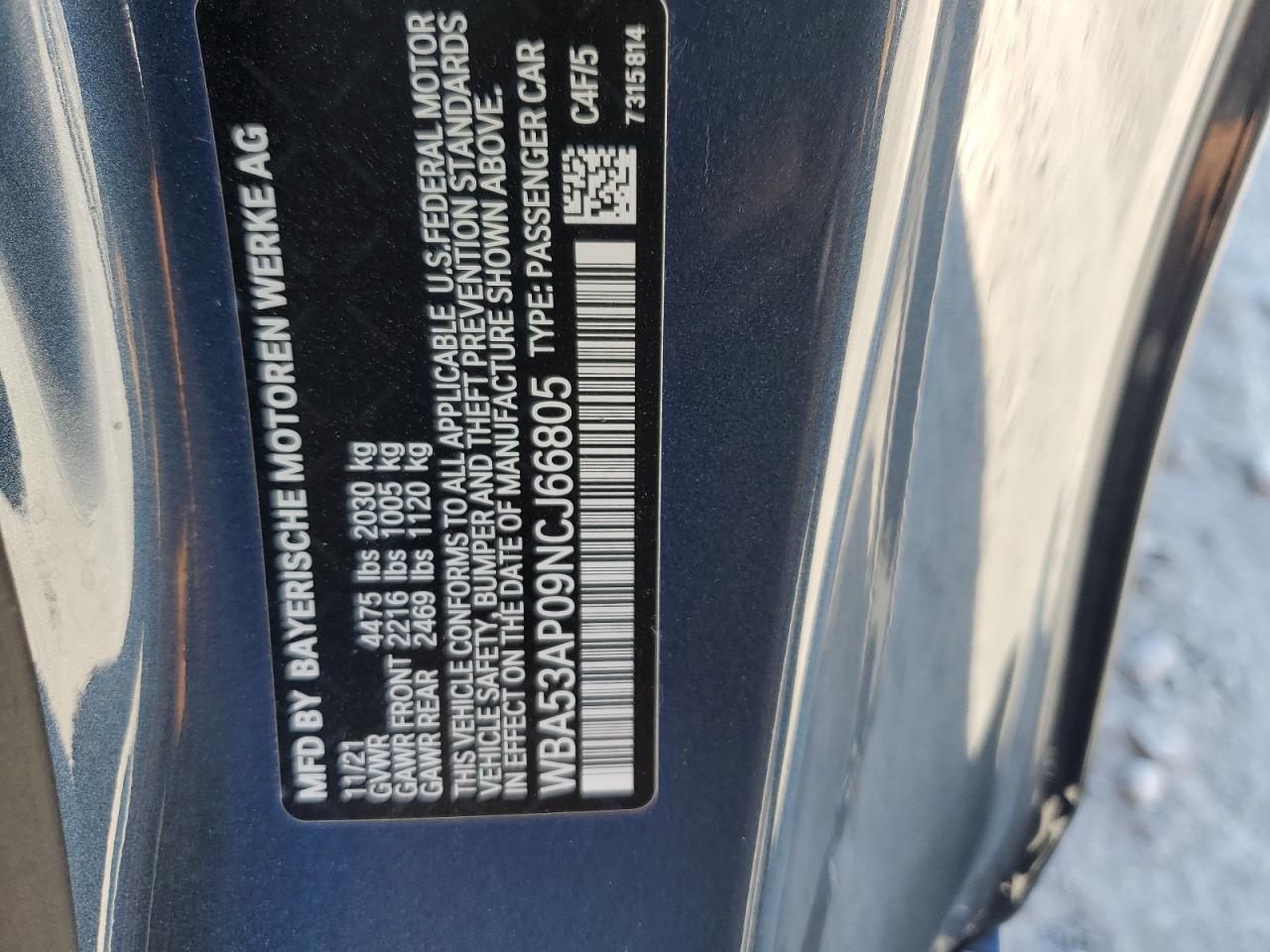 2022 BMW 430I VIN:WBA53AP09NCJ66805