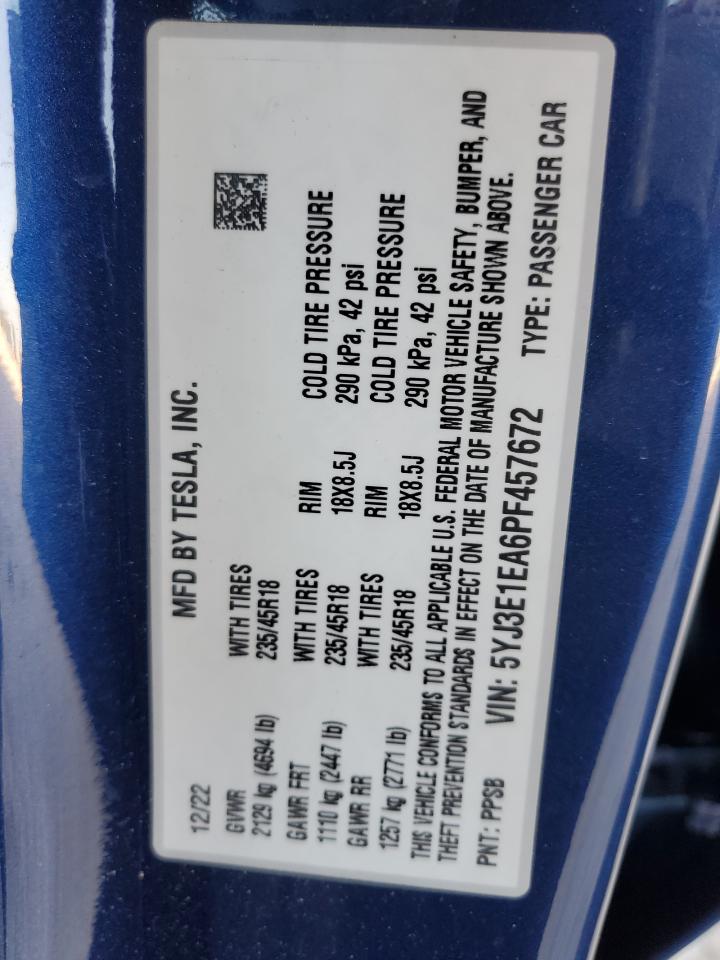 2023 TESLA MODEL 3 VIN:5YJ3E1EA6PF457672