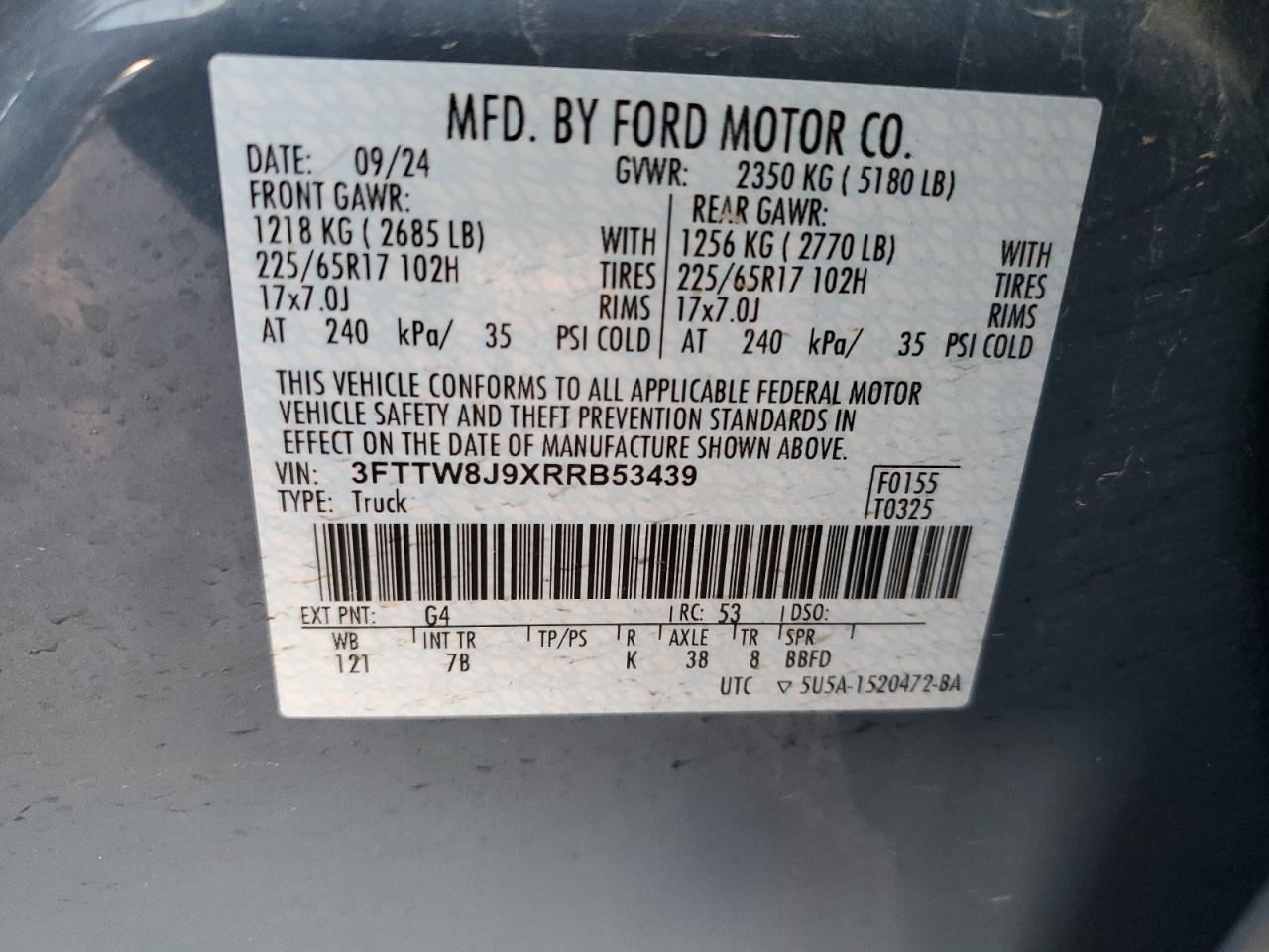 2024 FORD MAVERICK XLT VIN:3FTTW8J9XRRB53439