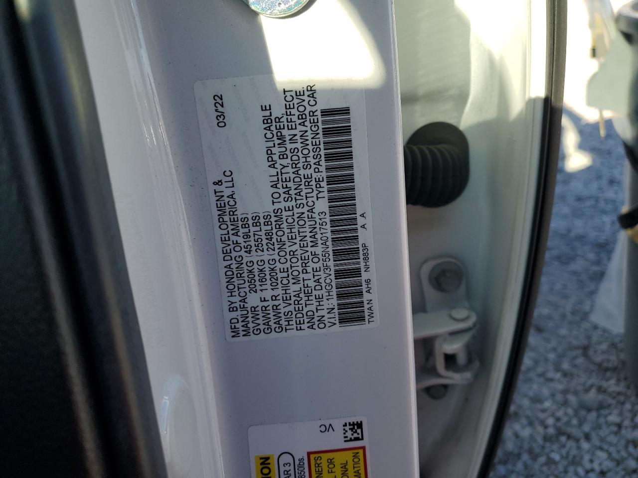 2022 HONDA ACCORD HYBRID EXL VIN:1HGCV3F55NA017513