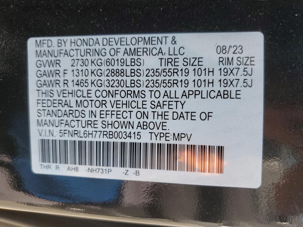 2024 HONDA ODYSSEY SPORT VIN:5FNRL6H77RB003415