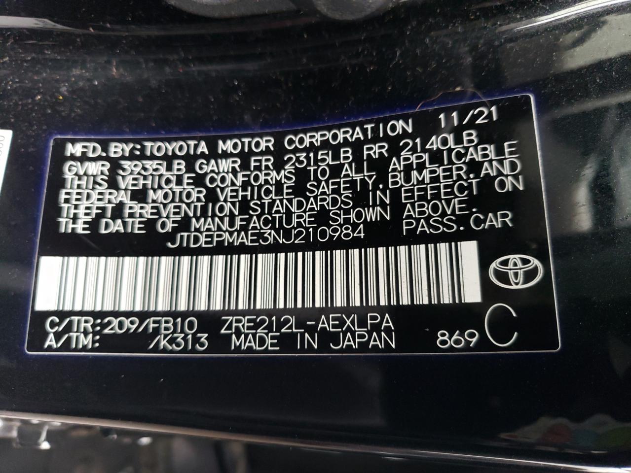 2022 TOYOTA COROLLA LE VIN:JTDEPMAE3NJ210984