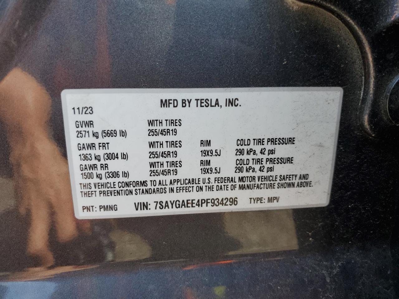 2023 TESLA MODEL Y VIN:7SAYGAEE4PF934296