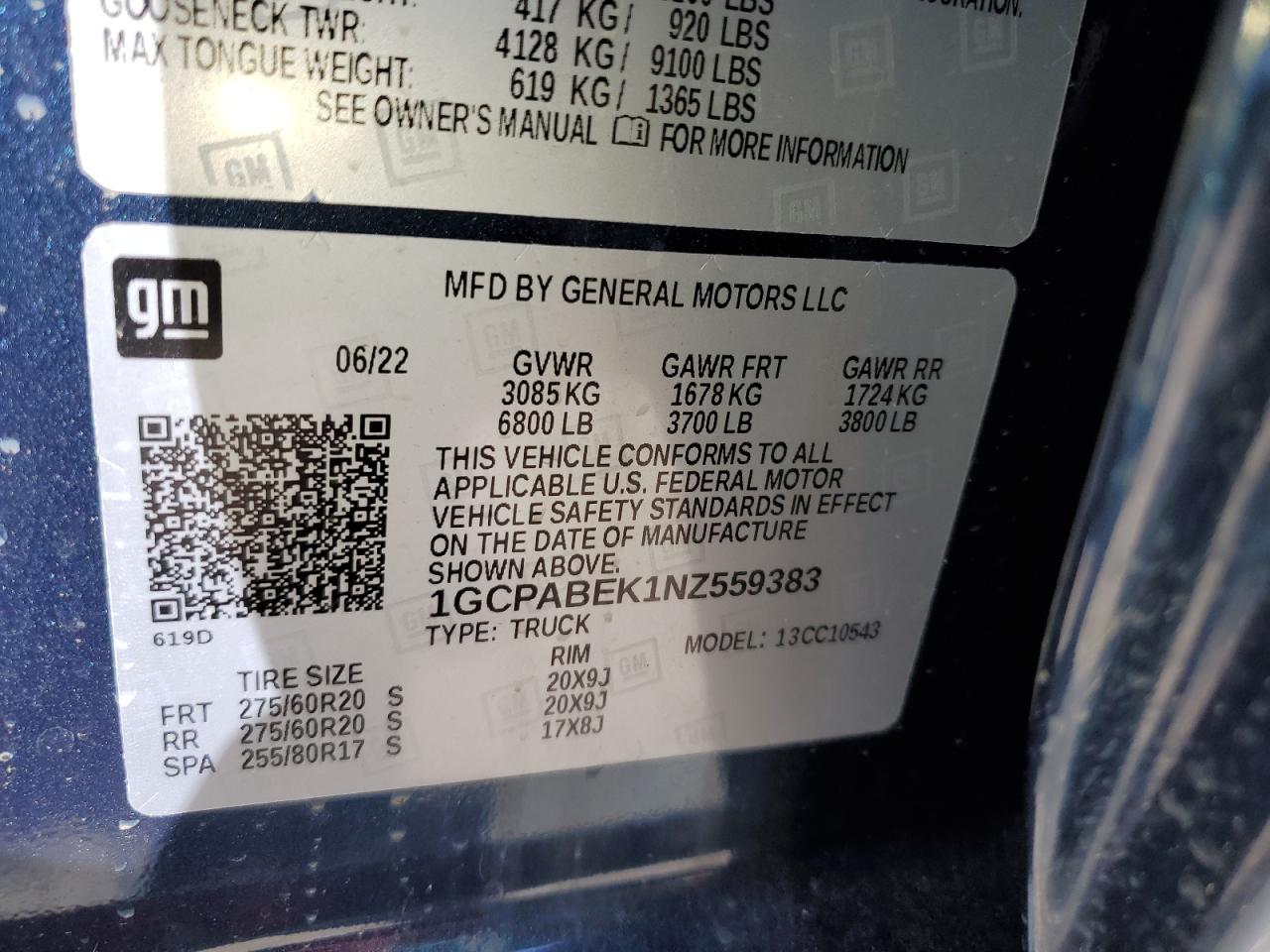 2022 CHEVROLET SILVERADO C1500 CUSTOM VIN:1GCPABEK1NZ559383