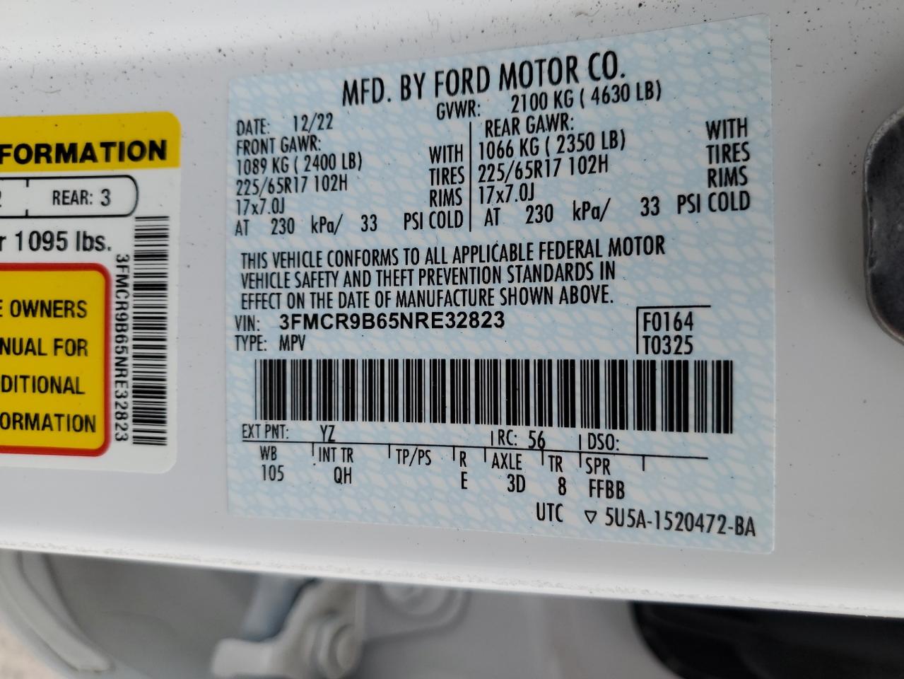2022 FORD BRONCO SPORT BIG BEND VIN:3FMCR9B65NRE32823