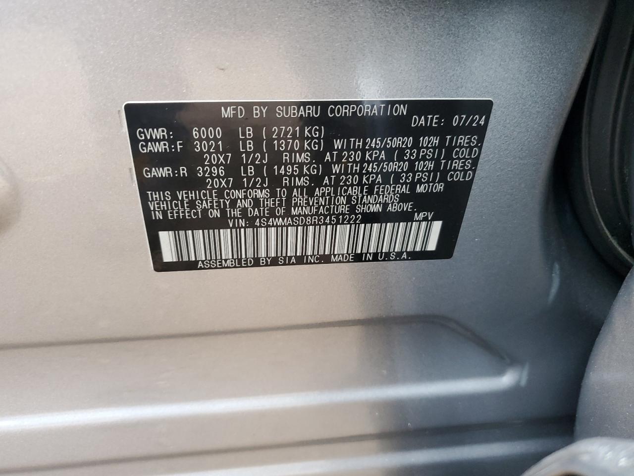 2024 SUBARU ASCENT LIMITED VIN:4S4WMASD8R3451222