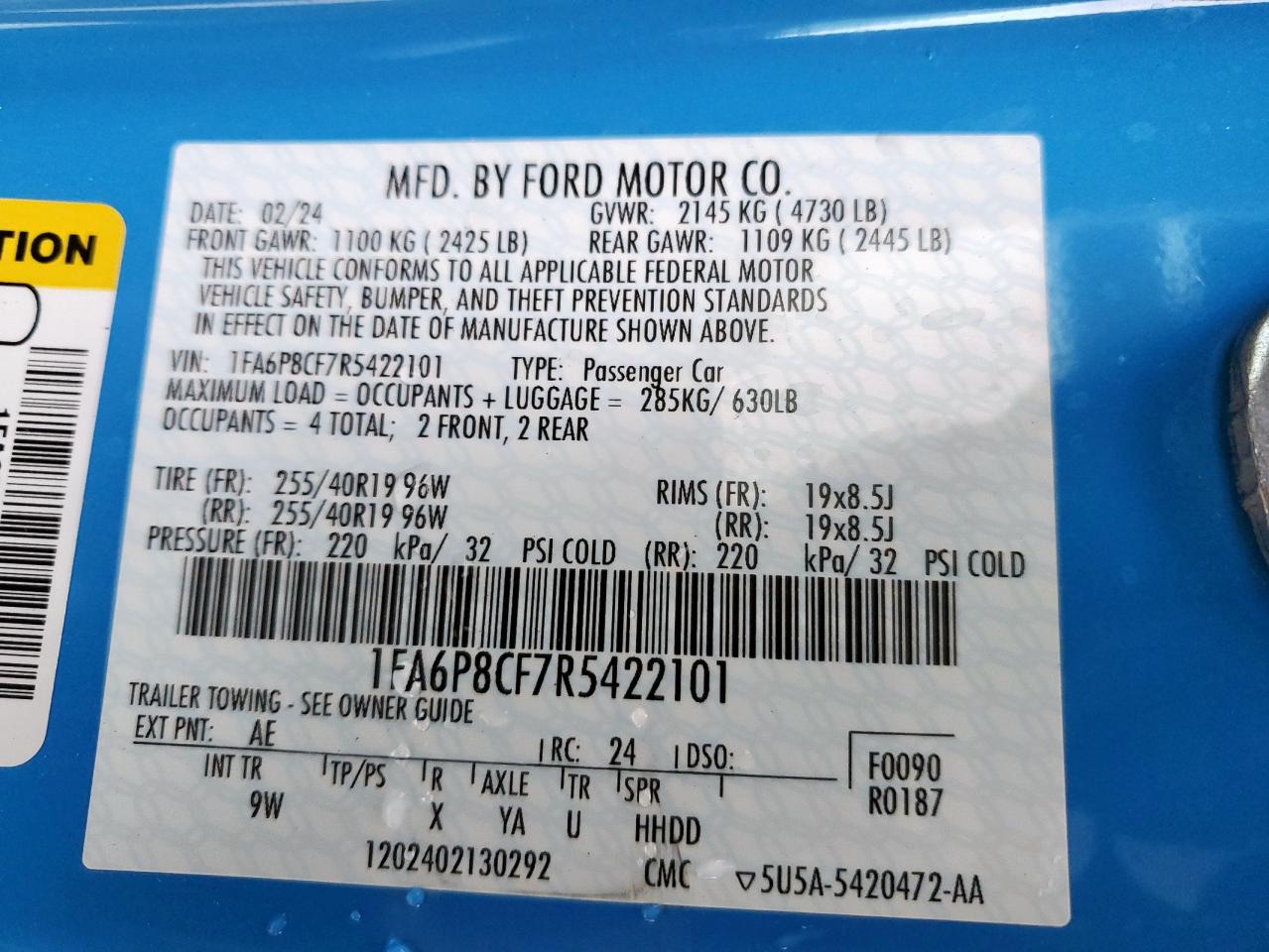 2024 FORD MUSTANG GT VIN:1FA6P8CF7R5422101