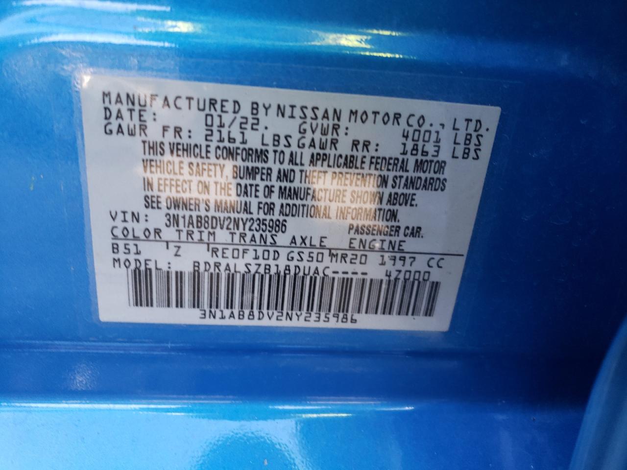 2022 NISSAN SENTRA SR VIN:3N1AB8DV2NY235986