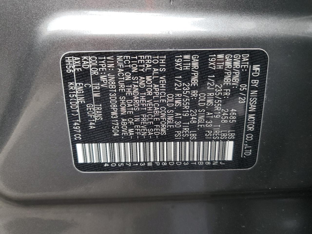 2023 NISSAN ROGUE PLATINUM VIN:JN8BT3DD8PW317504