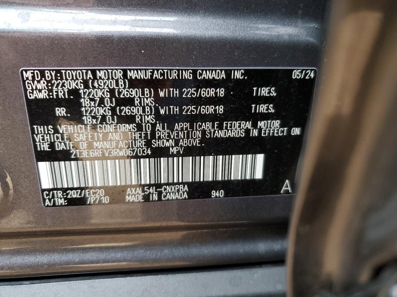 2024 TOYOTA RAV4 XSE VIN:2T3E6RFV3RW067034