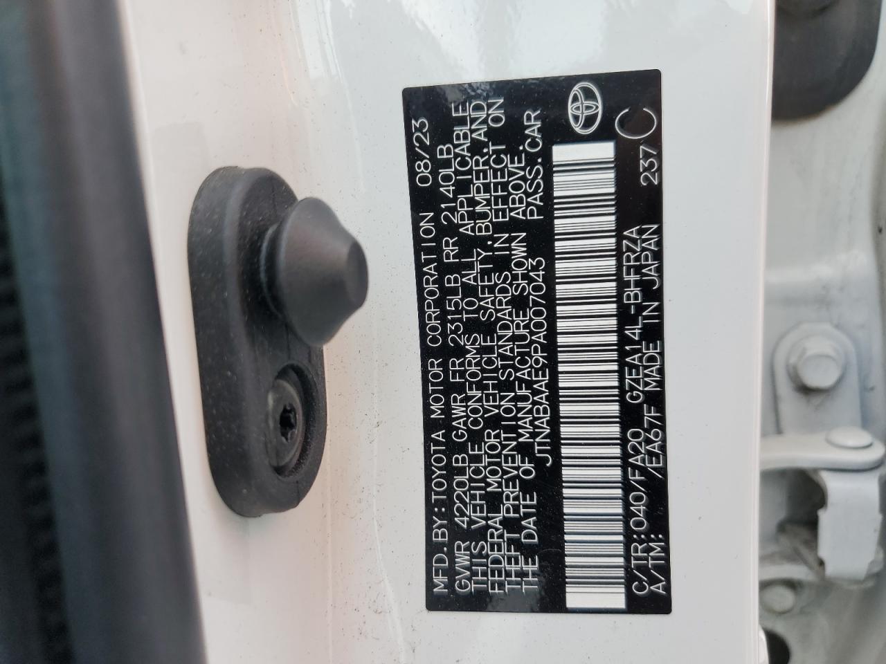 2023 TOYOTA GR COROLLA CORE VIN:JTNABAAE9PA007043