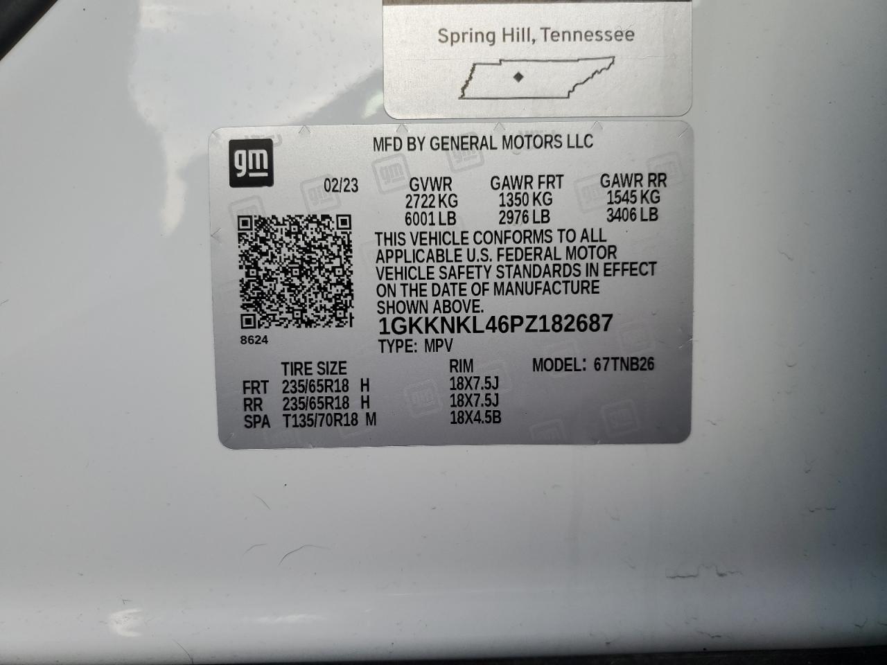 2023 GMC ACADIA SLE VIN:1GKKNKL46PZ182687