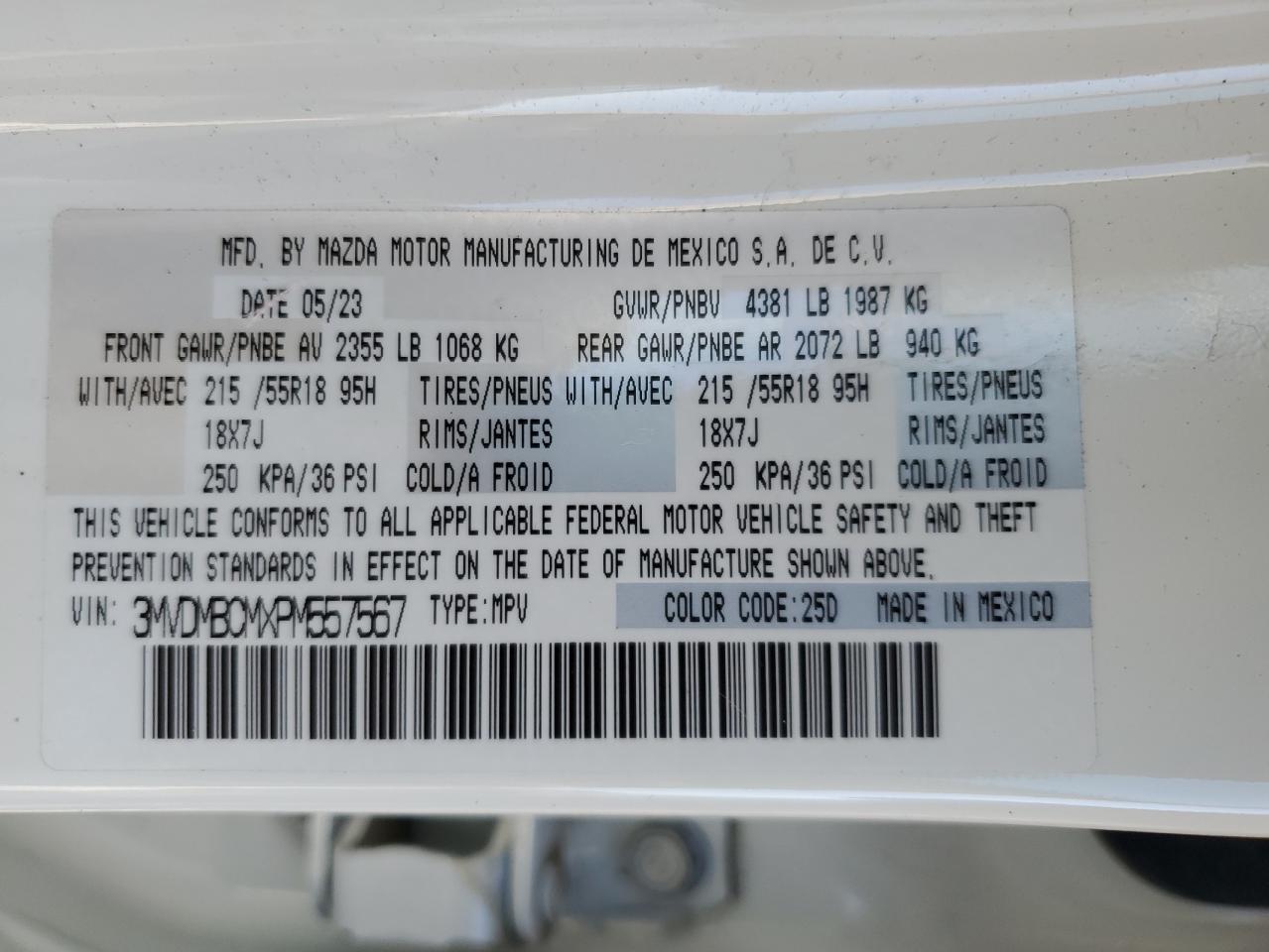 2023 MAZDA CX-30 PREFERRED VIN:3MVDMBCMXPM557567