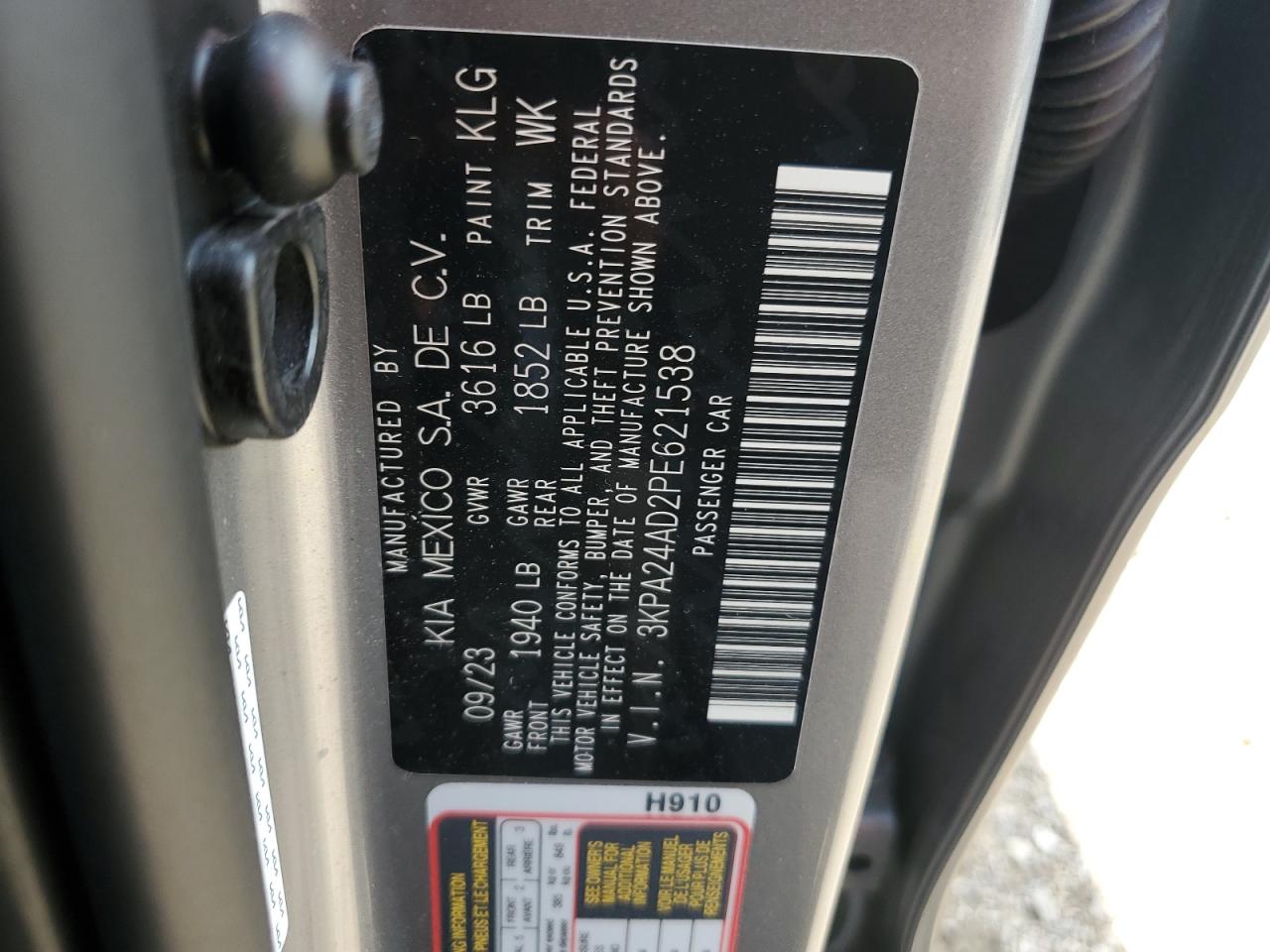 2023 KIA RIO LX VIN:3KPA24AD2PE621538